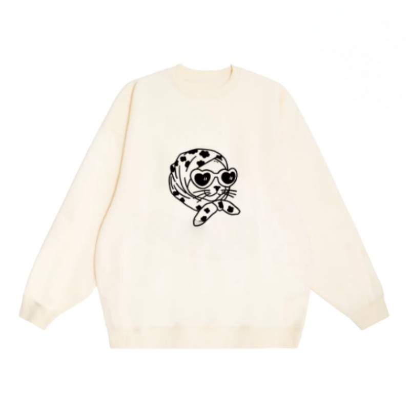Hand-Drawn Line-Art Kitten Hip-Hop Style Sweatshirt — Apricot
